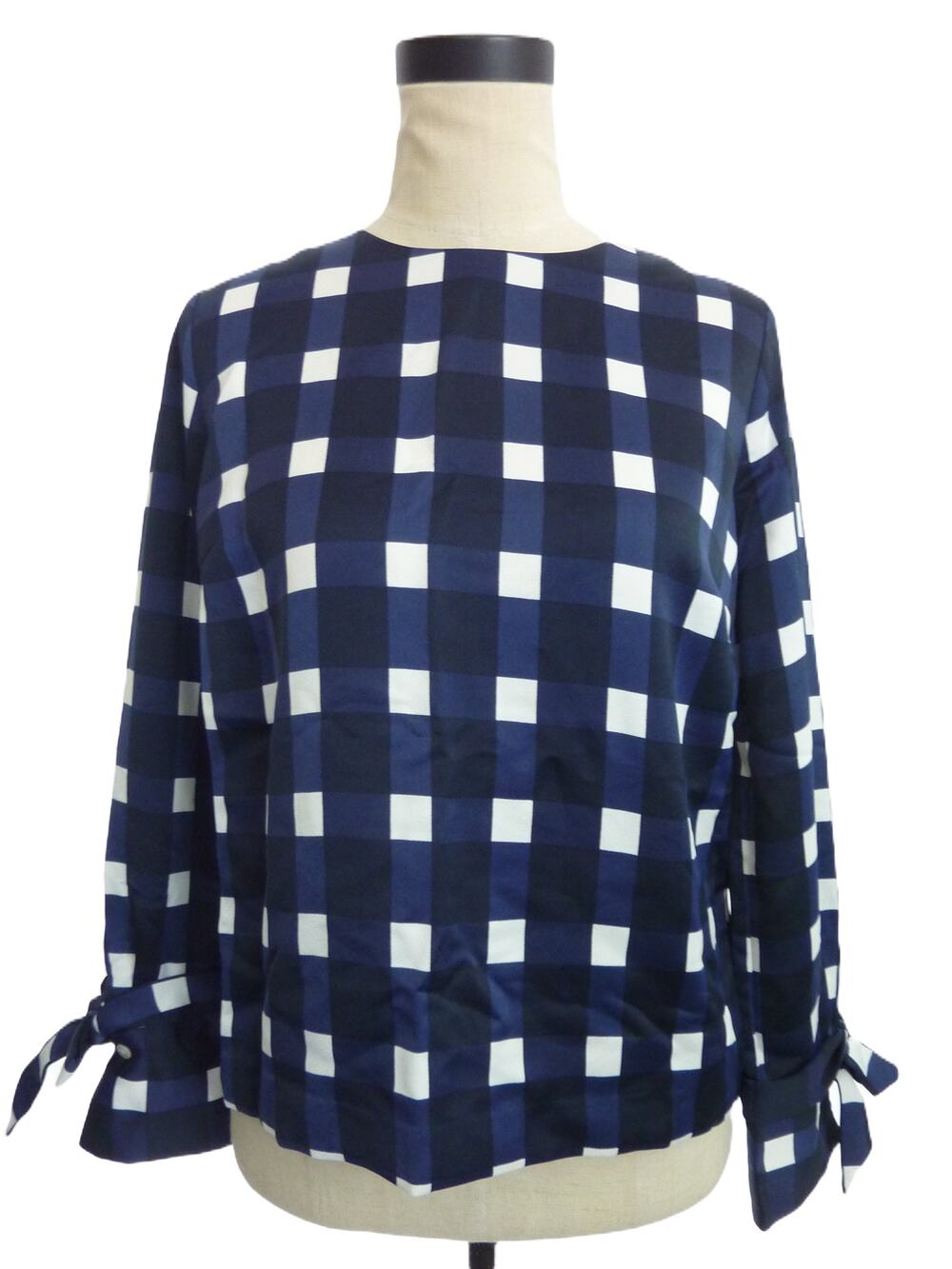 Banana Republic Blue Checkered Plaid Blouse XS Petite Bow Sleeves Top